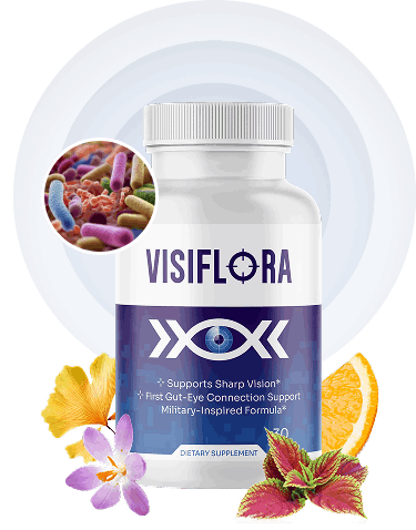 VisiFlora vision and gut health supplement bottle with natural botanical ingredients