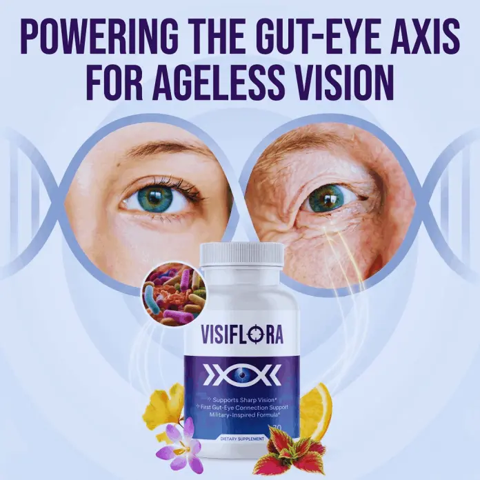 Diagram illustrating the gut-eye axis connection supported by VisiFlora, showing healthy eye comparison and gut microbiome imagery